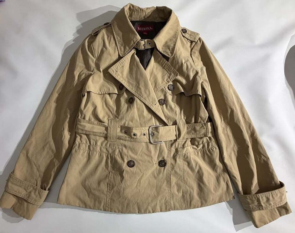 Merona Tan Beige Double Breasted Belted Trench Coat Jacket Womens L